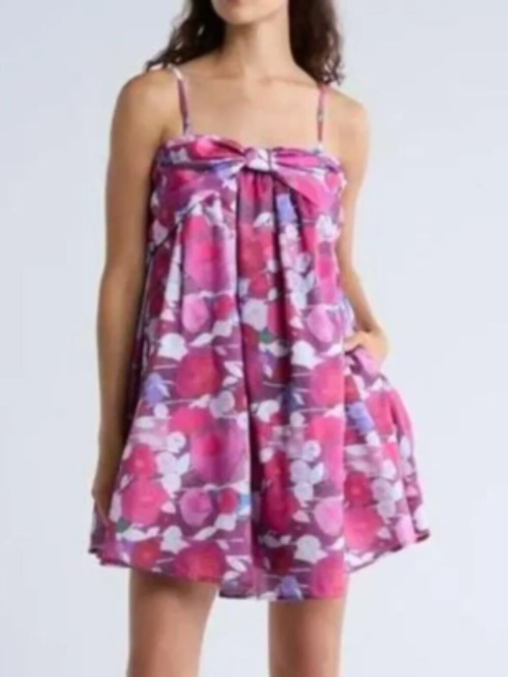 ✨ NWT Hutch "Pleated Neck" Pink Watercolor Floral Babydoll Mini Dress XXS ✨